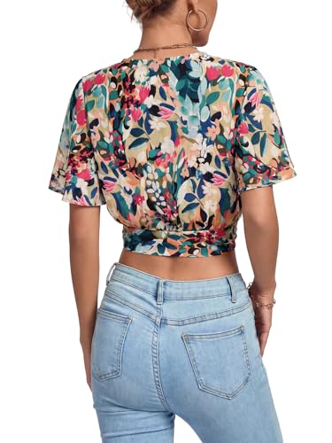 Image of LYANER Women's Sexy Deep V Neck Tie Front Wrap Cropped Blouse Bell Short Sleeve Ruffle Crop Tops