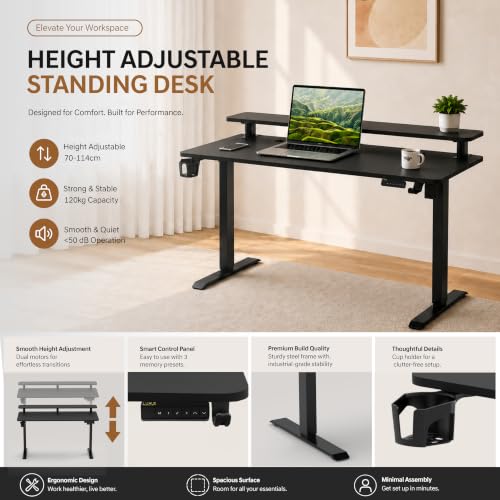 Image of DrLuxur Zenith Momentum Electric Standing Desk 140x60cm | Monitor Riser | One-Piece 15mm Tabletop | Adjustable 70-114cm | 3 Memory Presets | BIS Certified | Child Lock | Zero Wobble | 5 Year Warranty