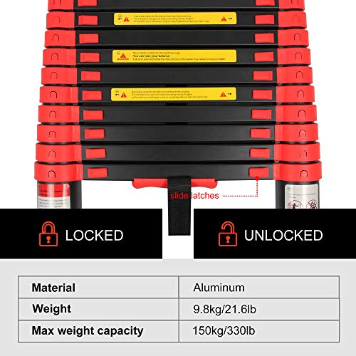 Beetro 12.5Ft Aluminum Telescoping Ladder, Extension Folding Ladder, Multipurpose Ladder For Roofing Business, Outdoor Working, Household Use And More, 330 Lb Capacity, Red #TOP3