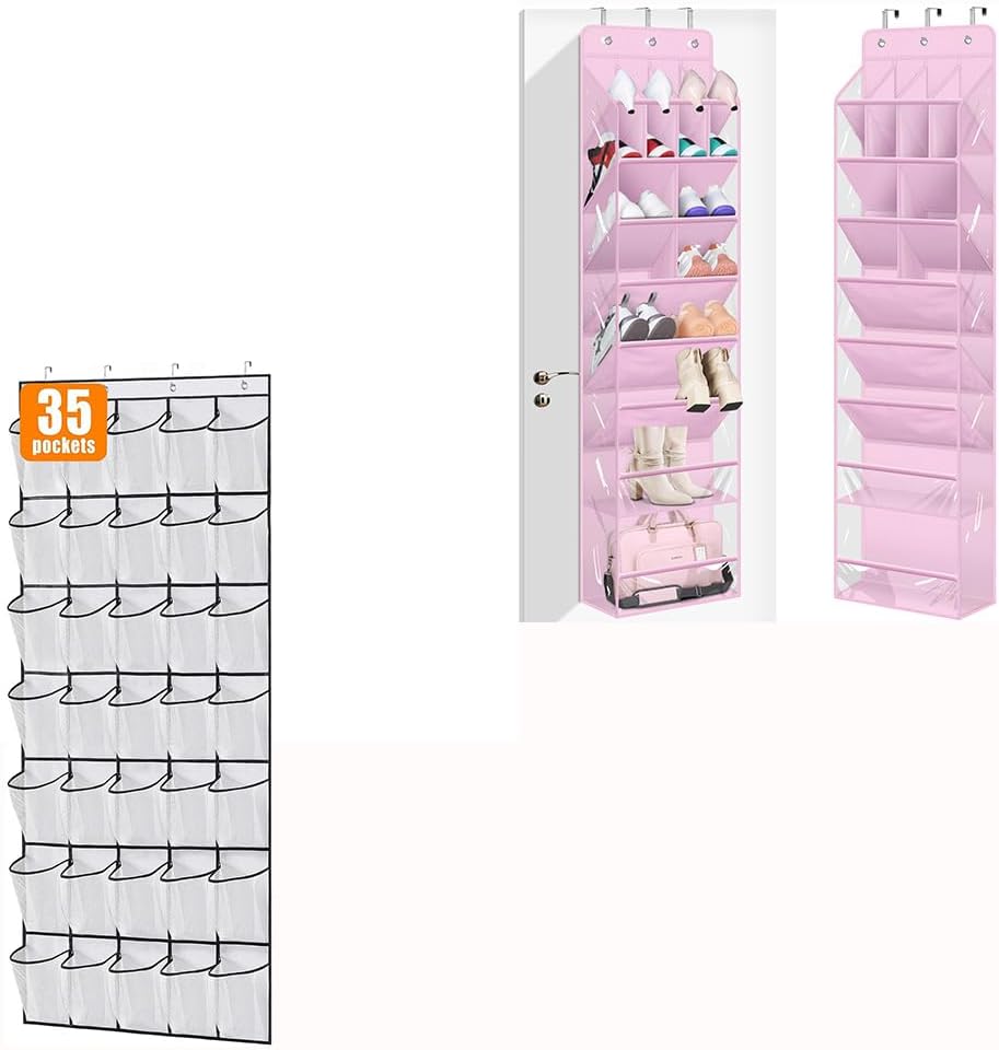 MISSLO 35 Large Pockets Over The Door Shoe Organizer and Clear Over The Door Shoe Organizer