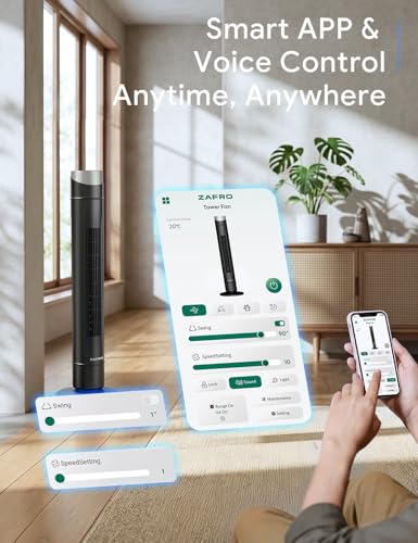 Image of ZAFRO Smart Tower Fan for Bedroom,120 Oscillating Fans that Blow Cold Air | 28ft /s High-Speed 12 Speeds 4 Modes Upgraded DC 22dB Ultra Quiet,App /Voice Control,Standing Fan with 12H Timer,36Inch,Black