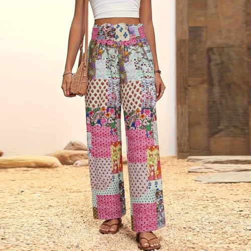 Wide Leg Linen Pants for Women Floral Smocked Elastic Waist Dress Pants Tummy Control Summer Boho Flowy Palazzo Pant2