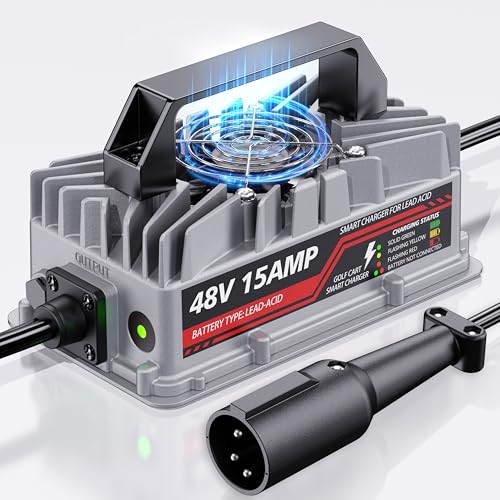 15 Amp 48 Volt Golf Cart Battery Charger for Club Car Precedent & DS - 3-Pin Round Plug Smart Charger for Lead-Acid Batteries IP67 Waterproof Multi-Protection Unique Design (Silver)
