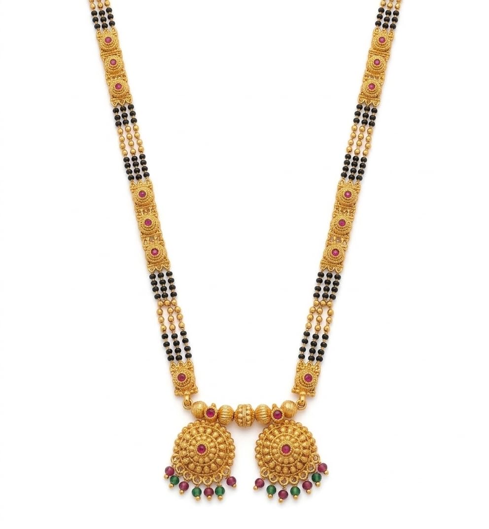 1 gram gold plated mangalsutra with black beads, traditional maharashtrian long chain, brass, 30 inch, matte finish