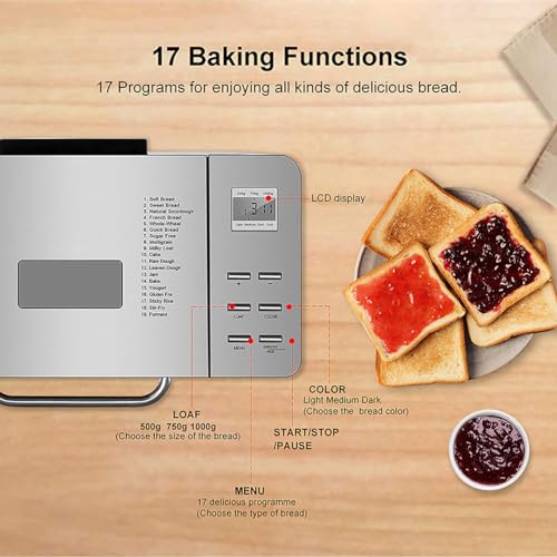 Macchina per il pane con dispenser per frutta e noci - 17 menu preimpostati e timer di 15 ore per pane integrale, pane francese, marmellata, yogurt, torta e riso glutinoso