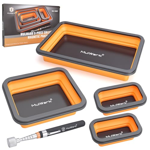 MULWARK 4Pcs Collapsible Magnetic Tray with 15Lb Magnetic Pickup Tool 3 Sizes Silicone Magnetic Parts Tray for Organizing Screw Bolts Nuts Washers Pins Repair Tools Workshop