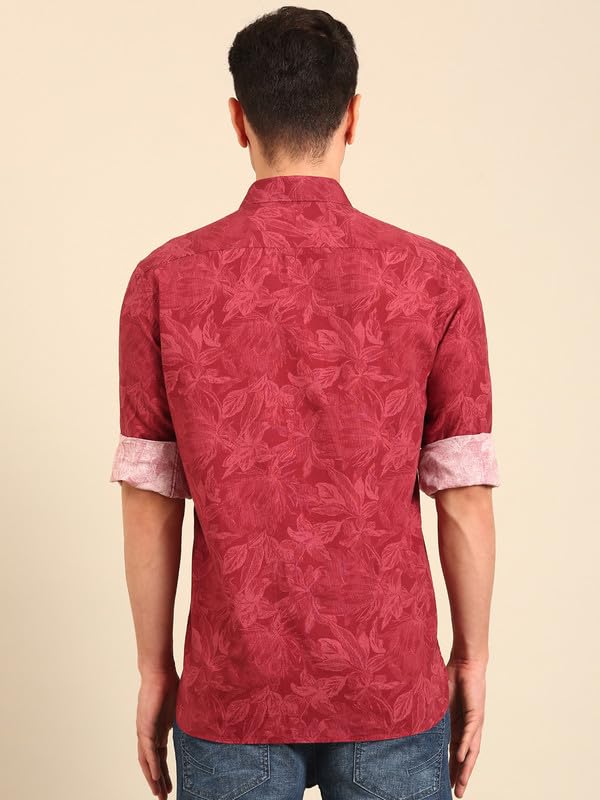 Image of Cavallo by Linen Club Men's Blended Linen Red Printed Contemporary Fit Full Sleeve Casual Shirt