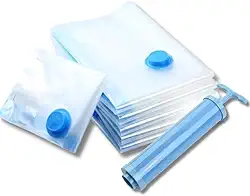 Kit 3 Sacos a Vácuo Impermeável Reutilizável 80cm x 100cm Plástico Transparente Para Guardar Compactar Roupas Cobertores Edredom Organizador Para Malas Viagem Armário + Aspirador Manual PREMIUM DUPIN