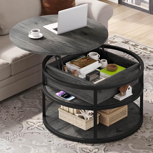 DWVO Round Coffee Tables for Living Room, Lift Top Coffee Table with Storage, Farmhouse Wood Coffee Table, Circle Small Coffee Tables Living Room for Home Decir Office, Grey