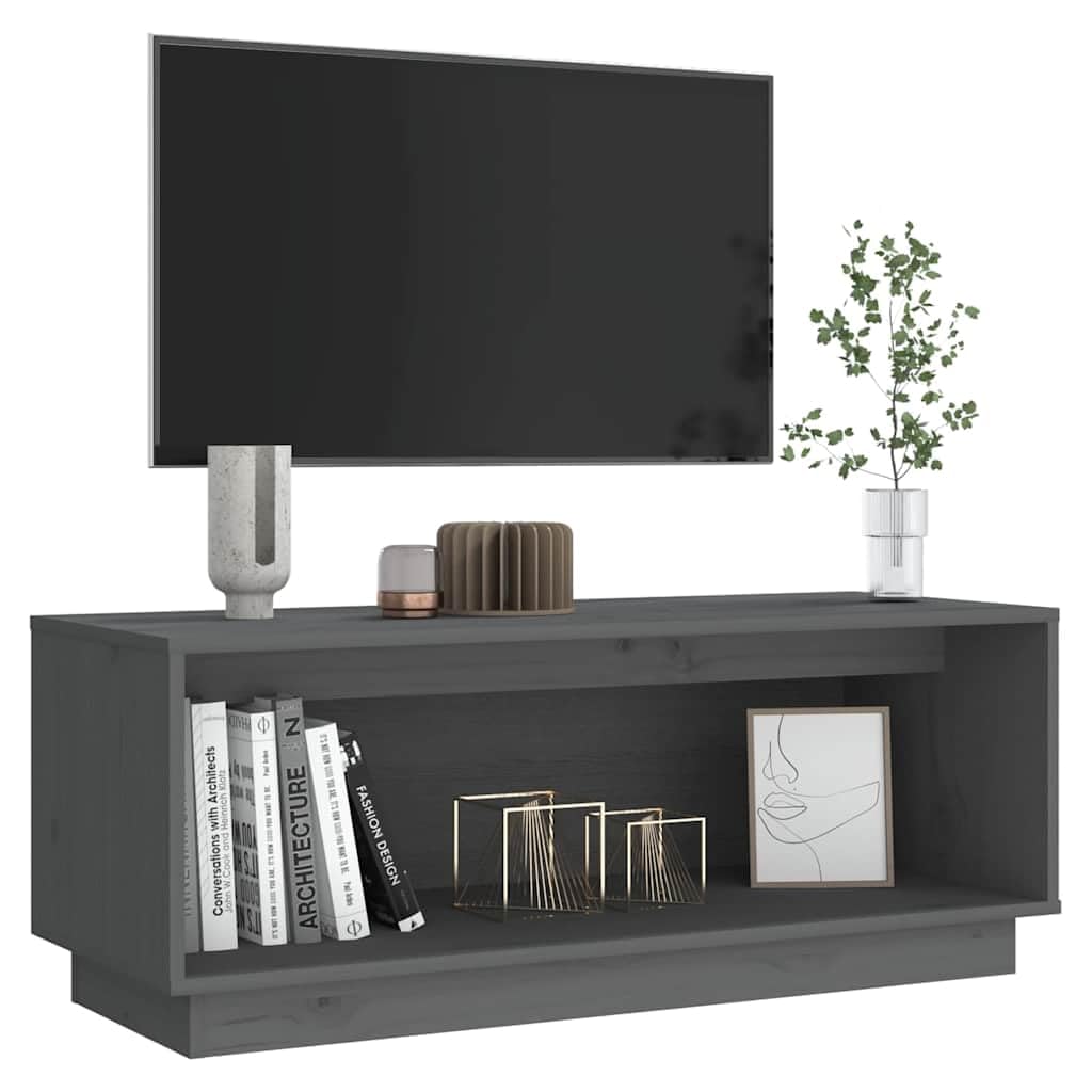 Szafka TV szara z litego drewna sosnowego, 90 x 35 x 35 cm, z miejscem do przechowywania i ruchomym wzorem, do salonu, sypialni, nowoczesna szafka z półką, szufladą i półką na soundbar i do