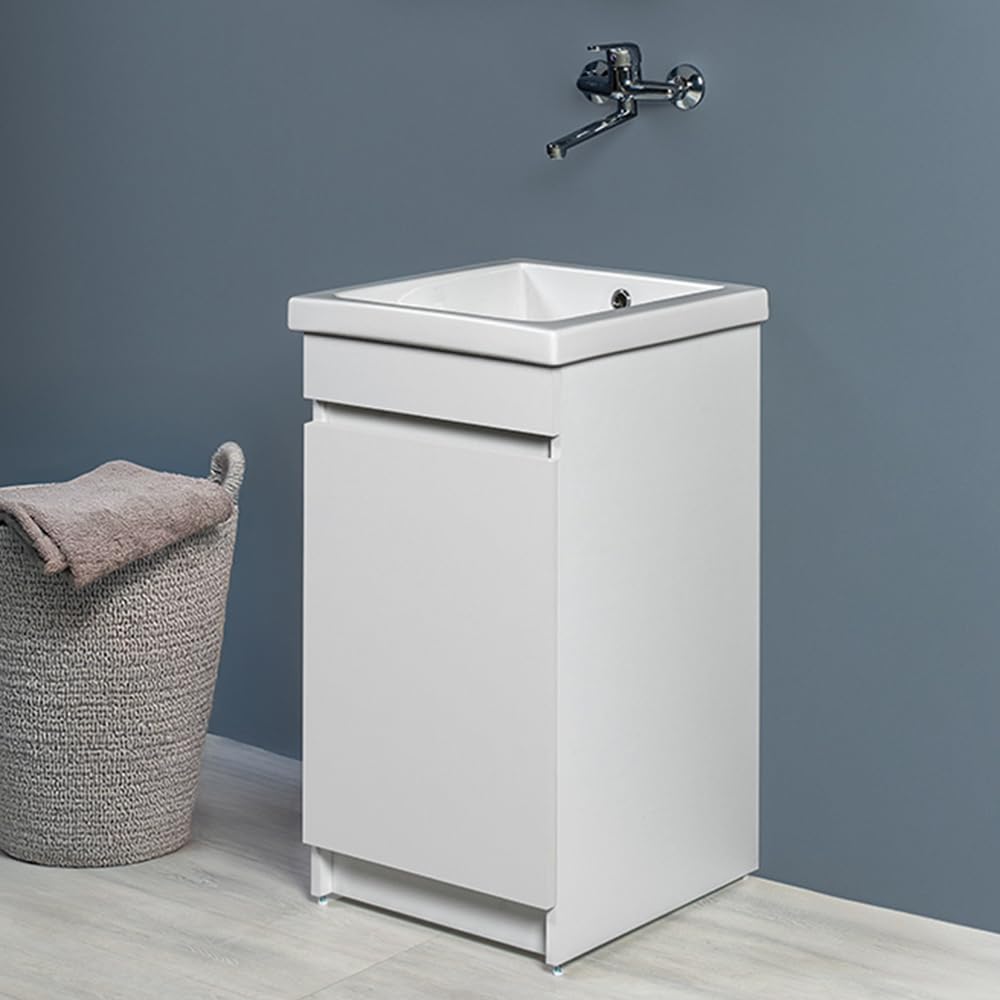Mobile Lavatoio 45x51 Cm Con Vasca In Ceramica E Strofinatoio, Struttura In Legno Nobilitato Bianco Opaco Con Un’Anta Apribile A Gola, Già Montato Con Kit Di Scarico Incluso