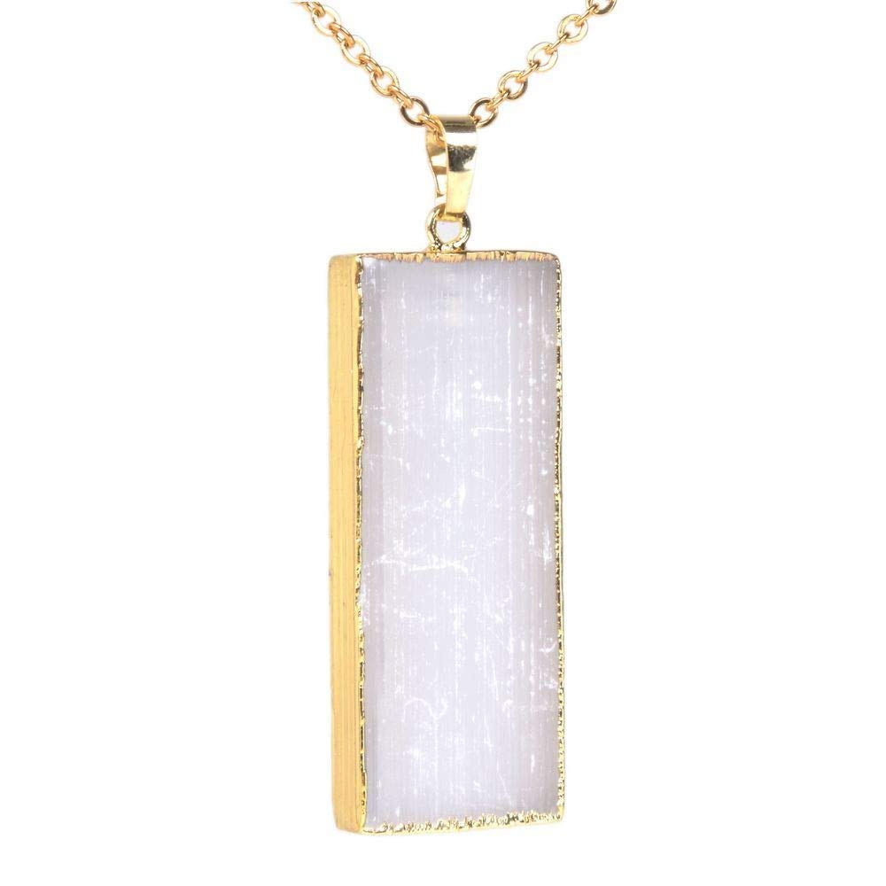 JUST IN STONES Natural White Selenite Healing Crystal 18K Gold Plated Rectangle Pendant Necklace 20 Inch
