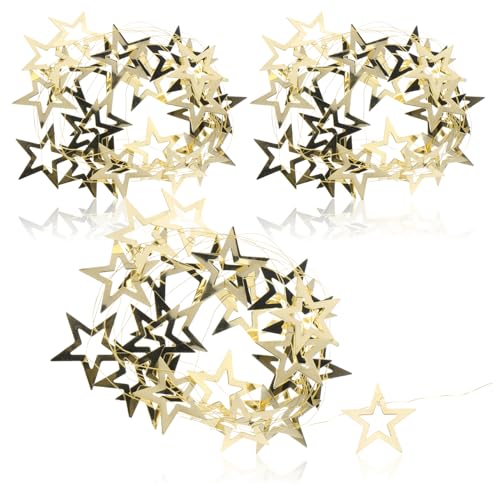COM-FOUR® 3 guirnaldas Doradas con Estrellas - Guirnalda navideña como decoración del árbol de Navidad - Guirnalda para la Corona de Adviento - 2 m
