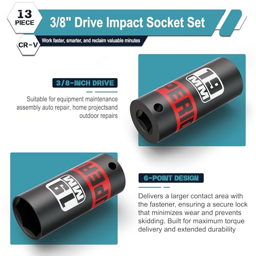 Image of 13 Piece 3 /8 inch Drive Impact Socket Set, 7 mm-19 mm Deep Socket, Metric, 6 Point, Automotive Motorcycle and Bicycle Maintenance, Machinery Manufacturing