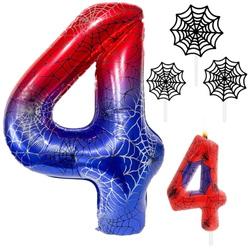 Decoração de aniversário lustre de 4 anos, balão de 40 polegadas com teia de aranha e número 4 com vela cera número 4 e decoração bolos teia de aranha, decorações de festa de criança aniversário lustre temático