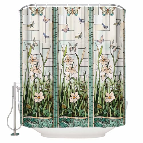 Rideau de douche tissu polyester imperméable motif libellule fleur vitrail
