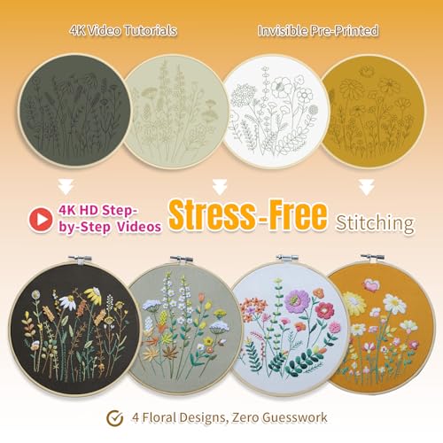 Image of ETSPIL Embroidery Kit for Beginners, 2 Hoops, 4K Video, 4 Floral Patterns | Stitch Side by Side. Lines Fade as You Stitch. All Tools Included. Easy to Start, Weekend Family Craft