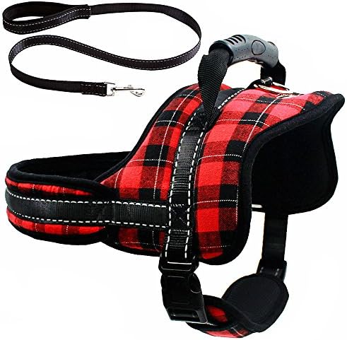 Mihachi Dog Harness with Leash with Handle No Pull No Chock Adjustable Padded Vest Harness for Dogs,Plaid Red,XL