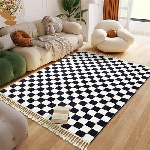 Waschbarer Boho-Teppich mit Quasten, dünn, weich, Retro, schwarz-weiß, Schachbrett-Teppiche für...