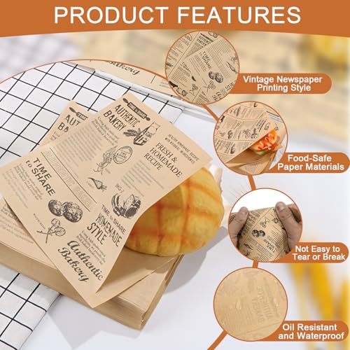 160 Stück Snacktaschen Pommes Papier, 15 x 15cm Deli Papierblätter Dickes Burger Papier, Alter Zeitungsdruckstil Sandwich Tüten, Wasserdicht Pommes Tüten für Sandwich Toast Pizza