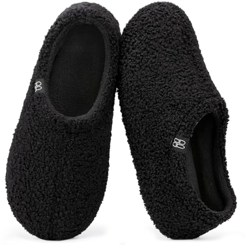 HomeTop Women's Fuzzy Curly Fur Memory Foam Loafer Slippers Bedroom House Shoes with Polar Fleece Lining (7-8, Black)