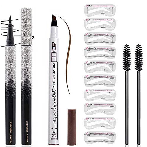 Eyebrow Tattoo Pencil, Eyeliner Pencil with Eyebrow Powder Long Lasting Waterproof and Smudgeproof with 10 Reusable Eyebrow Stencil 3pcs (Brown/Light Brown/Black)