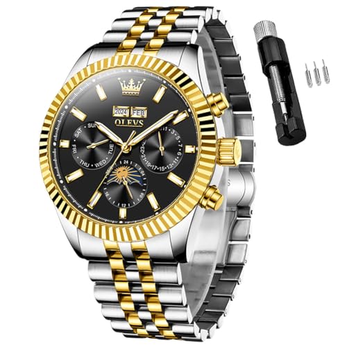 OLEVS Black Automatic Watches for Men Luxury Mechanical Men's Wrist Watch Waterproof Moon Phase Stainless Steel Date Day Luminous Elegant Two Tone Mens Watches