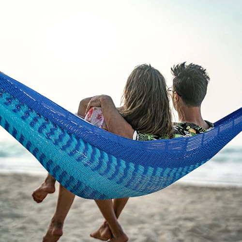 Image of Lazy Daze Hammocks Handwoven XL Mayan Hammock, 10.5 FT Soft Rope Double Hammocks, Portable Outdoor Hammock with Carry Bag, 2 Straps & Carabiners for Patio Outside, 550 lbs Capacity, Blue /Dark Blue
