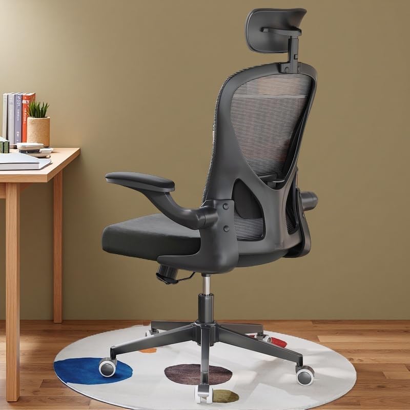 Silla de oficina ergonómica con función de inclinación, reposacabezas ajustable con brazos abatibles, cojín para soporte lumbar y ruedas