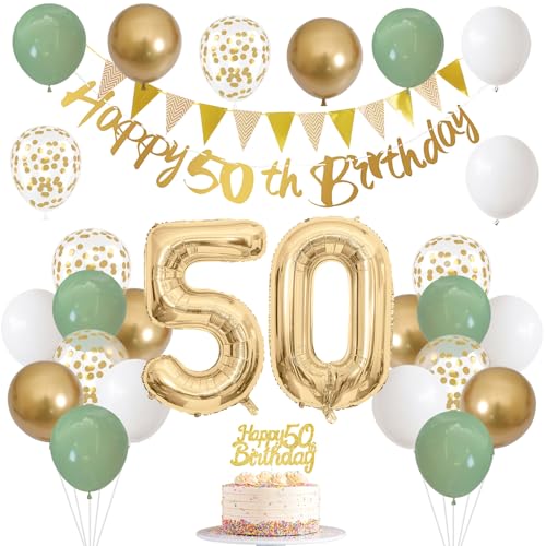 Image of 50th Birthday Decorations for Men Women, Sage Green White Gold Balloons with 50th Banner Number 50 Balloon for 50 Year Old Birthday Party Decor