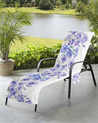 Beach Pool Patio Lounge Chaise Chair Cover Towel with Pockets,Blue Floral Absorbent & Quick Dry Microfiber Towel Cover Bag Summer Travel Accessories Vintage Chic Botanical Country French Style