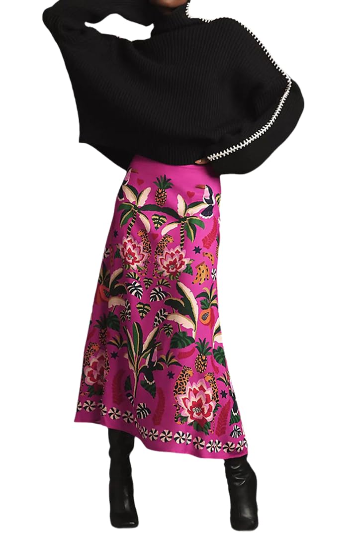 Womens Skirt Midi Skirt Tropical Plant Print Pink Zipper A-Line Long Skirts Spring Summer…