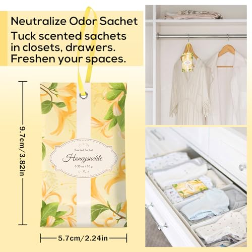 Image of SCENTORINI Scented Sachets for Drawer and Closet, Honeysuckle Scent 14 Pack | Long-Lasting Sachets Bags Gift Set, Wardrobe Freshener for Dresser, Closet, Clothes Storage, Suitcases, Gym Bag, Locker