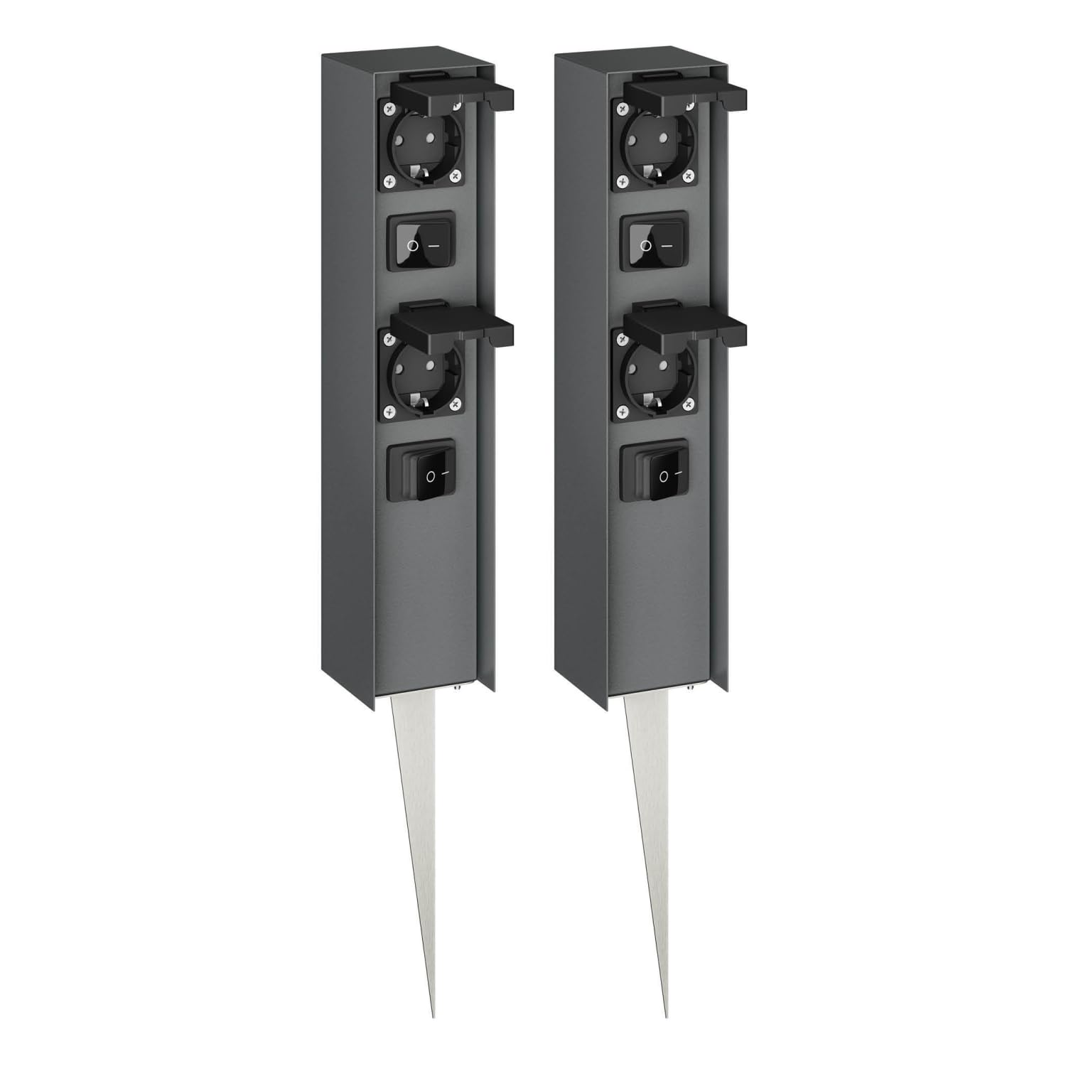 ledscom.de 2x Garten Steckdosensäule POMI mit Erdspieß für außen mit Schalter, IP44, 2-fach, Edelstahl, anthrazit, eckig, 33cm