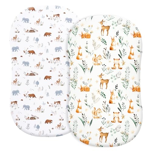 Image of PHF Soft Bassinet Sheet Set, 2 Pack Silky Comfy Breathable Cradle Sheets for Baby Boys Girls, Univeral Fit for Most Oval Rectangle Cradle and Bassinet Mattress /Pad, Woodland