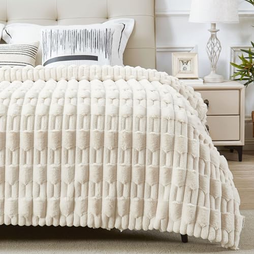 Image of JONIYEAR Extra Large Soft Fluffy Striped Faux Fur Blanket Queen Size 80" x 90", Decorative 3D Geometric Big Warm Fuzzy Fur Blankets for Winter, Reversible Thick Plush Furry Blanket for Bed, Sand White