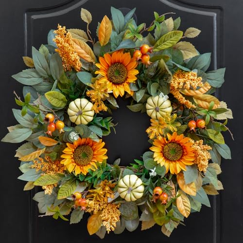 Fall Wreath for Front Door 24 Inch Artificial Sunflower and Pumpkin...