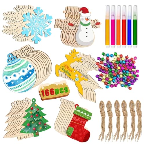 BRYXTAL 70 Pcs Wooden Christmas Ornaments,DIY Christmas Tree Ornaments Kits to Paint Whit Blank Gnome Cutout Hanging SlicesColored Marker, Bells for Adults and Kid's DIY Christmas Decoration Craft