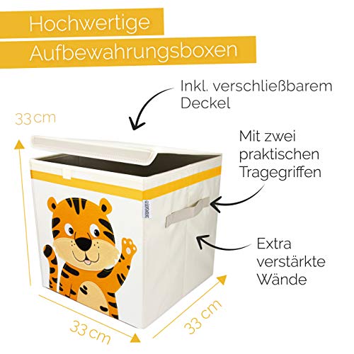 GLÜCKSWOLKE Kinder Aufbewahrungsbox - 15 Motive I Spielzeugkiste mit Deckel für Kinderzimmer I Spielzeug Boxen Tiger (33x33x33) Aufbewahrung im Kallax Regal I Dschungel Safari Kiste (Ronja Raubtiger)
