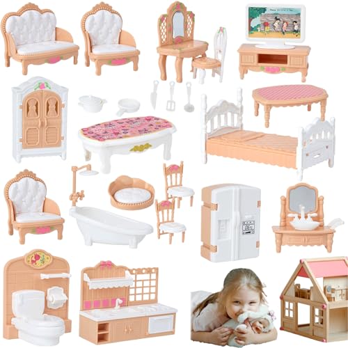 Joygoodta 4 Ensembles de Meubles de Maison poupée, Jouets Miniatures réalistes Comprenant Chambre, Salle Bain, Cuisine et Salon ABS Bricolage Accessoires...