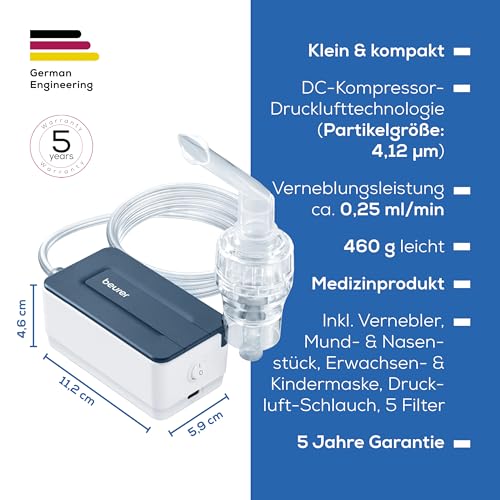 Beurer IH 15 Inhalator, Inhalationsgerät bei Erkältungen und Atemwegserkrankungen wie Asthma und COPD, zur Verneblung von Medikamenten, extra kleines Design, Ein-Knopf-Bedienung ideal für den Alltag