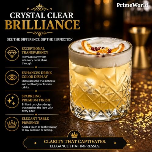 Image of PrimeWorld Crown European Crystal Whiskey Glasses Set of 6 pcs- 300 ml Bar Glass for Drinking Bourbon, Whisky, Scotch, Cocktails, Cognac- Old Fashioned Cocktail Tumblers