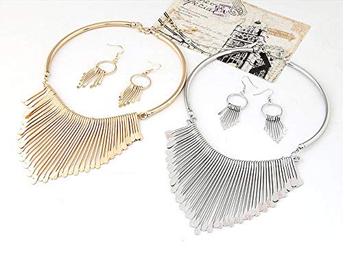 Juland Statement Bib Necklace with Metal Fringe Drop Choker Necklace Earrings Set Fashion Bohemian Punk Ethnic Style for Women and Girls - Silver - Thumbnail 2