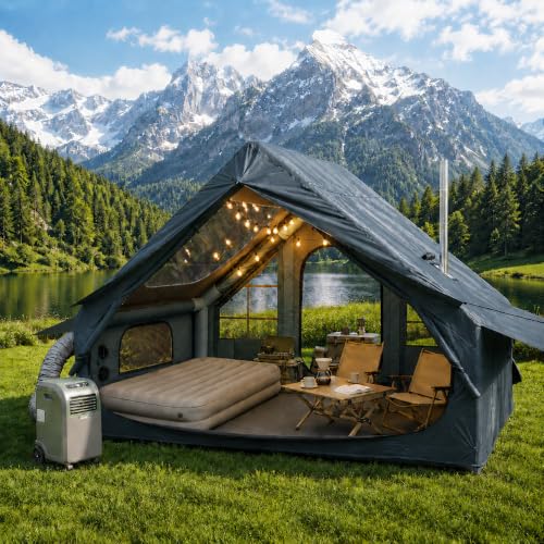 Carpa Inflable para Camping con Bomba de Aire Eléctrica - Carpa Cabina Inflable de Oxford 420D Resistente - Inflado Automático en 5 Minutos con Claraboya Panorámica y Chimenea para Camping 4 Estaciones (4-6 Personas) miniatura 1