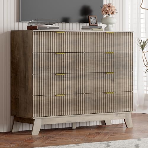 Image of Grey Dresser 8 Drawer Dresser for Bedroom, 47''W Fluted Wooden Dresser Storage Cabinet and Chest of Drawers with Metal Handle, Storage Organizer for Living Room, Hallway, Entryway, Gray