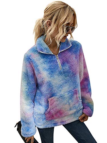 Tie-dye Sherpa Pullover Womens Sweatshirt Half Zip Fuzzy Fleece Jacket Winter Coat Outwear with Pockets (Lt.blue,L)