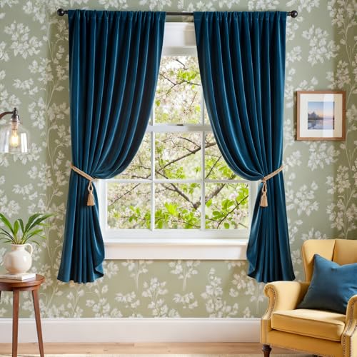 Image of Blackout Dark Blue Velvet Curtains Rod Pocket 52x72 Inch 2 Panels | Soft Velvet, For Small Windows, Kitchens & Bathrooms, Light Shifting Texture, Elegant Drape, Classic, Luxury