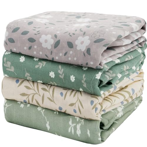 Image of 4 Set Muslin Swaddle Blankets Receiving Blanket for Newborn Baby | Boys, Girls Cute Soft Print Baby Towel Wrap 120x110cm Baby