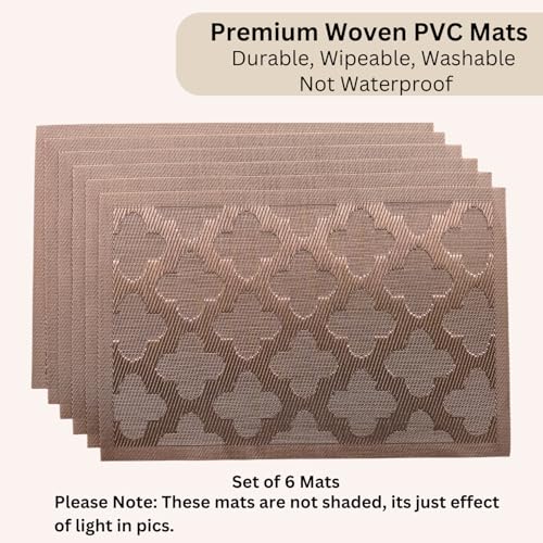 Image of Livmodern Premium PVC Dining Table Mats | Woven PVC Brown placemats| Anti Skid | Wipeable & Washable Set of 6- Bronze Clover