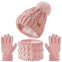 Tavaleu Kids Winter Beanie Hat Scart Gloves Set,Girls Fleece Lined Knitted Pom Hat Neck Warmer Knit Gloves for Children